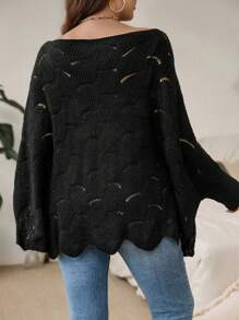 SHEIN LUNE Plus Pointelle Knit Batwing Sleeve Sweater - Black - View 2