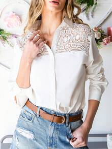 Astylish Guipure Lace Insert Shirt - White - View 1