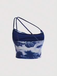 SHEIN MOD 紮染單肩側收褶短款上衣 - 藍白色 - 查看 2