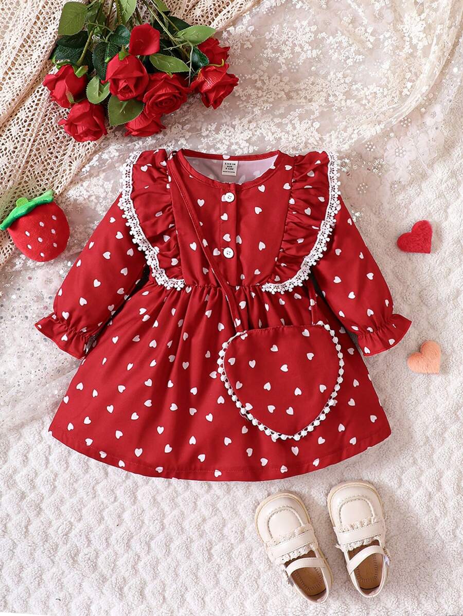 Baby Girl Heart Print Ruffle Trim Flare Sleeve Dress With Bag - Red - View 1