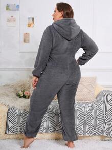 可愛口袋 拉鍊撞色大碼睡衣連體褲 - 灰色 - 查看 2