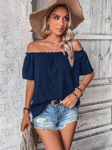 EMERY ROSE Off Shoulder Frill Trim Blouse - Navy Blue - View 3