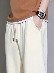 Men Drawstring Waist Slant Pocket Sweatpants - Beige - View 3
