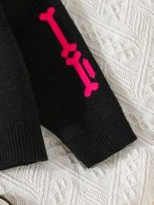 SHEIN Young Girl Skeleton Pattern Drop Shoulder Sweater - Black - View 5