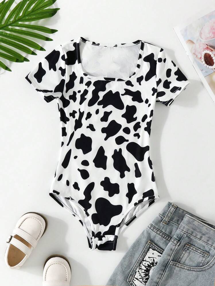 SHEIN Sparklyn Macacão de Manga Curta Casual e Fofo com Estampa de Vaca Branca para Garotas Adolescentes, para a Primavera e o Verão. - Preto e Branco - Visão 1