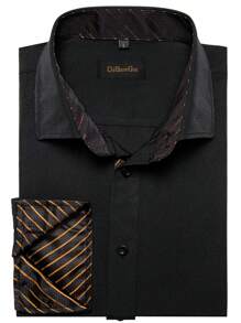 Hombres Camisa de rayas en contraste con botón - Negro - Ver 6