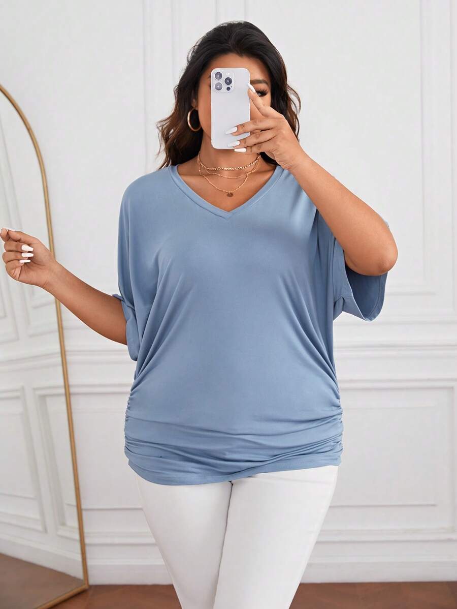 SHEIN Essnce Hơn Chất rắn tay cánh Áo thun - Màu xanh bụi bặm - Xem 1