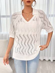 SHEIN Essnce 插肩袖網眼針織上衣不附胸罩 - 白色 - 查看 5