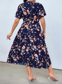 Calvaya Plus Floral Print Knot Side Dress - Blue - View 2