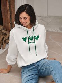 SHEIN Frenchy Heart & Letter Graphic Drop Shoulder Drawstring Hoodie - White - View 7