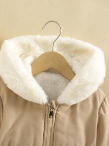 SHEIN Young Girl Zip Up Elastic Waist Hooded Thermal Lined Coat - Coffee Brown - View 5