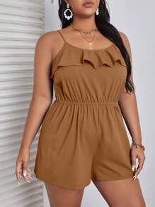 Dreamara 大碼荷葉邊吊帶連體短褲 - 棕色 - 查看 3