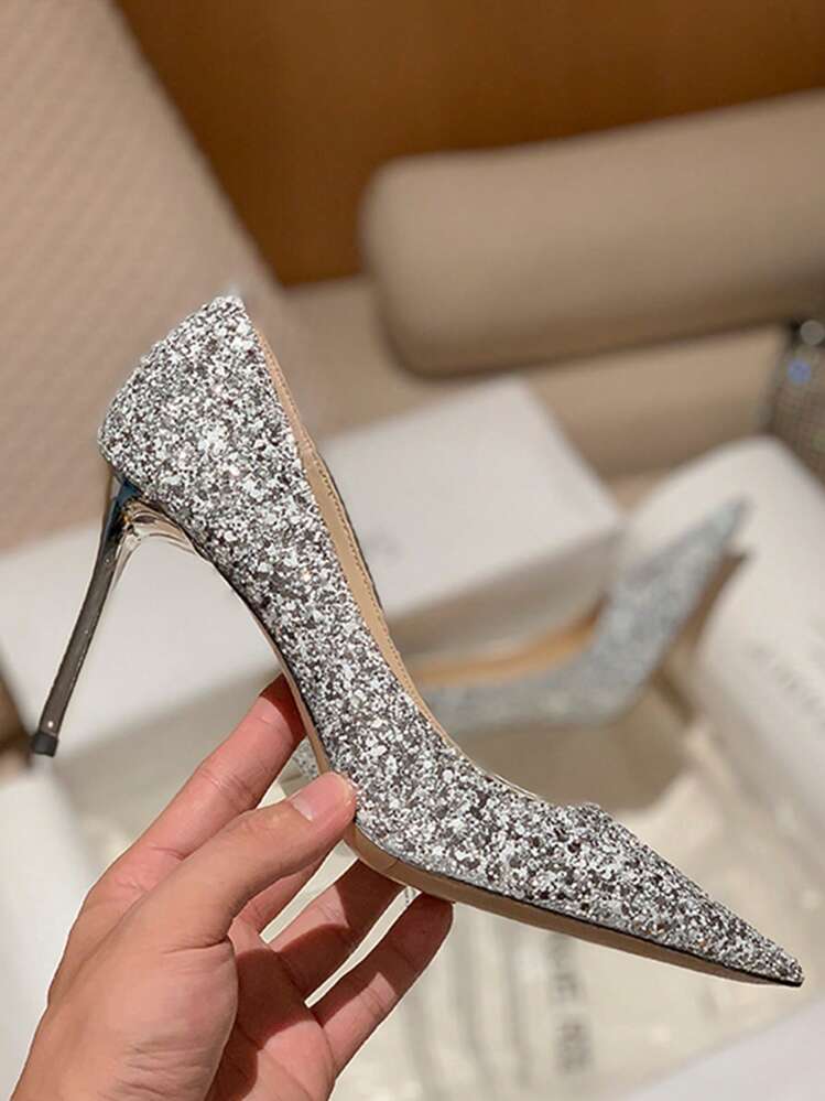 Zapatos De Tacón De Mujer Elegantes Con Punta Puntiaguda - Plateado - Añade 2