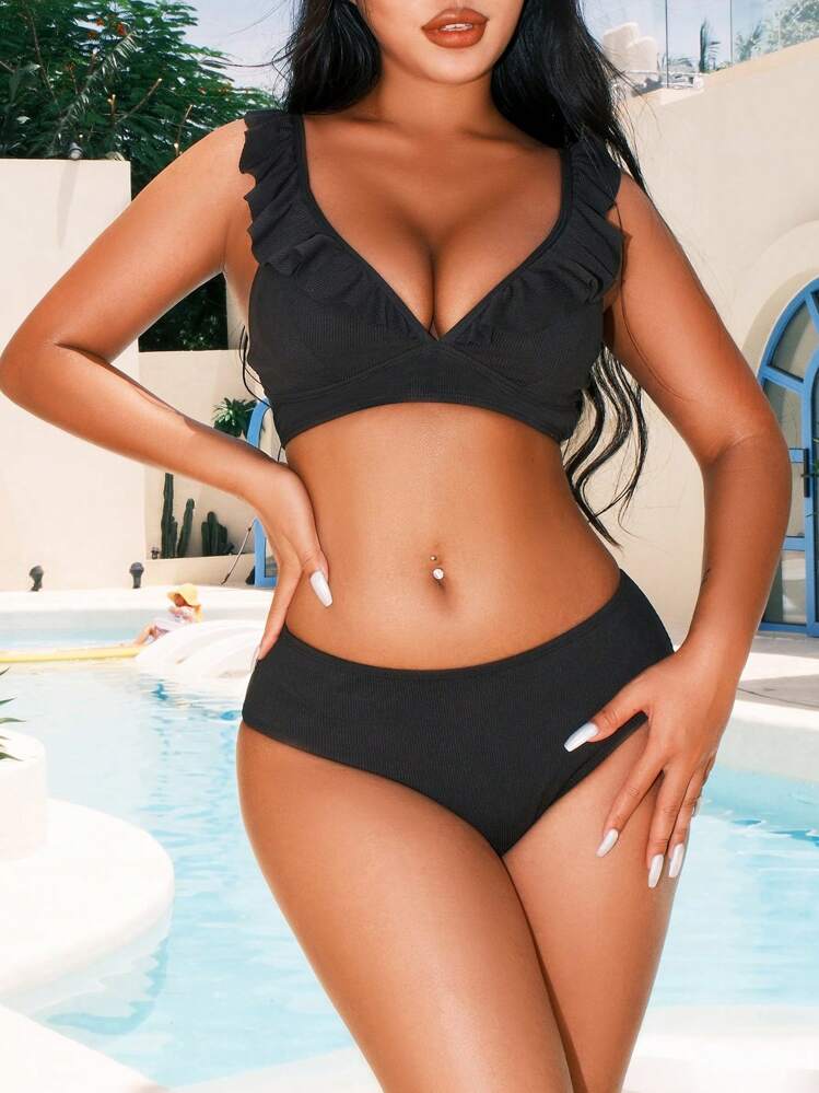 SHEIN Swim Vcay 夏日沙灘荷葉邊比基尼套裝 - 黑色 - 查看 3