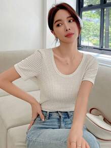 DAZY Twist Back Waffle Knit Crop Tee - White - View 8