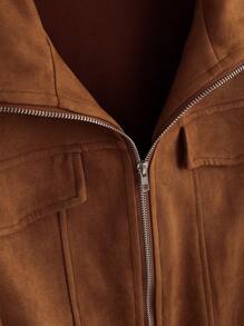 Manfinity Homme 男式翻盖细节绒面革拉链夹克，纯色，长袖，休闲，工作，工装，朋友 - 棕色 - 查看 4