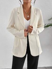SHEIN Essnce Lapel Neck Pocket Patched Single Button Blazer - Beige - View 2