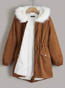SHEIN EZwear 加大抽绳腰部毛绒装饰连帽派克大衣，适合冬季 - 棕色 - 查看 6
