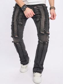 Manfinity Homme Men Ripped Frayed Skinny Jeans - Black - View 4