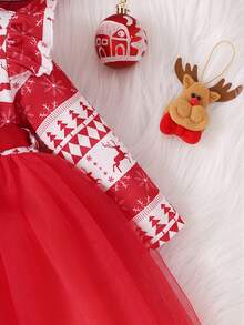 Baby Girl Geo Print Ruffle Trim Mesh Hem Belted Dress With Headband - Red and White - View 4