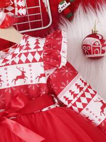 Baby Girl Geo Print Ruffle Trim Mesh Hem Belted Dress With Headband - Red and White - View 5