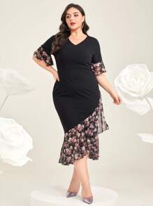 Modelyn 大碼印花喇叭袖荷葉邊洋裝 - 黑色 - 查看 6