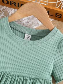 SHEIN Bộ thời trang bé gái Gân đan Xù nhỏ màu trơn Dễ thương - Màu xanh Bạc hà - Xem 4