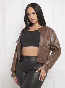 SHEIN SXY Plus Zip Up PU Jacket - Brown - View 3
