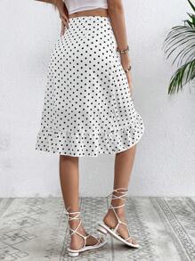 SHEIN VCAY 波點圖案荷葉邊圍裹側打結半身裙 - 白色 - 查看 2