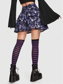 Sonchs Curiosities Goth Bat Print Lace Up Front Ruffle Hem Skirt - Multicolor - View 4