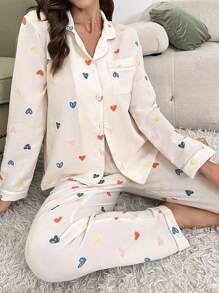 Heart Print Contrast Piping PJ Set / Pajama Set - Beige - View 1