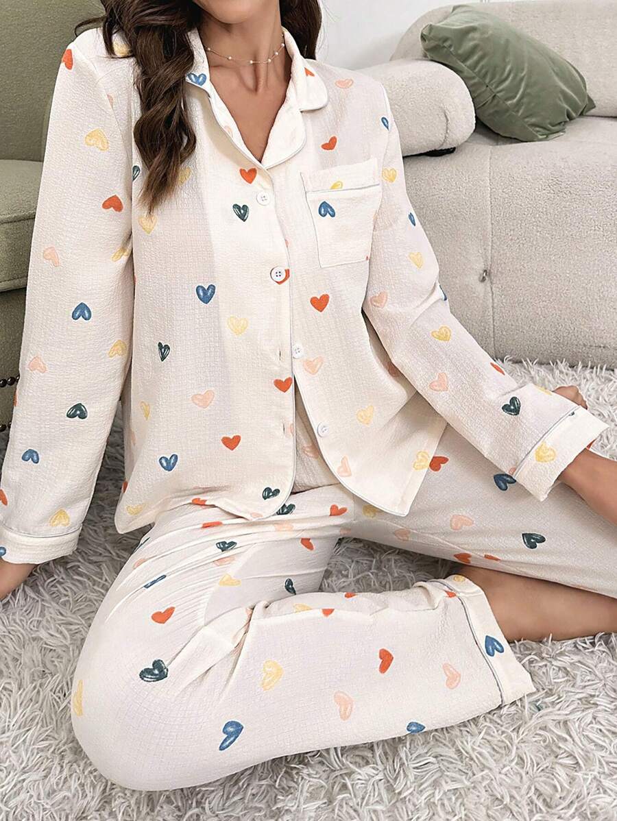 Heart Print Contrast Piping PJ Set / Pajama Set - Beige - View 1