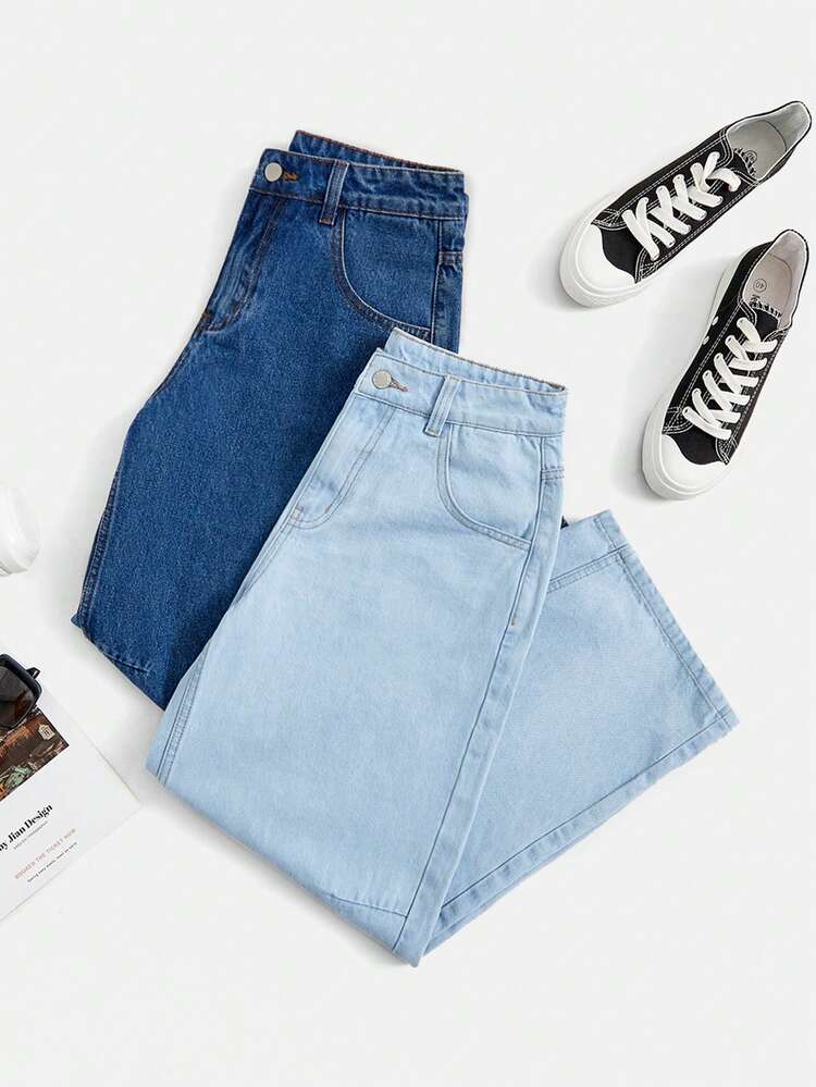 2pcs Solid Zipper Fly Jeans