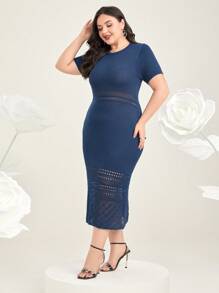 Mulvari 大碼網眼針織毛衣洋裝 - 寶藍色 - 查看 3