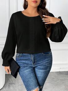 SHEIN Frenchy Plus Solid Lantern Sleeve Blouse - Black - View 6