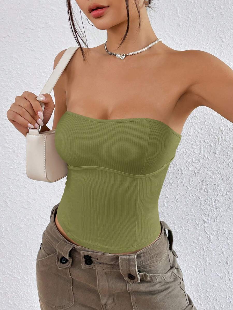 SHEIN EZwear Solid Ribbed Knit Tube Top - Army Green - View 1