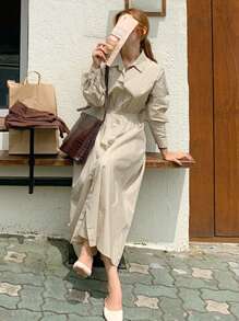 DAZY Vestido camisero unicolor con botón delantero - Caqui - Ver 4