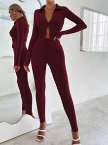 SHEIN Unity Zip Up Ribbed Knit Jacket & Leggings - Burgundy - View 3