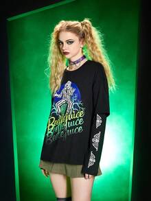 Beetlejuice | ROMWE Letter Figure Graphic Drop Shoulder Tee - Black - View 3