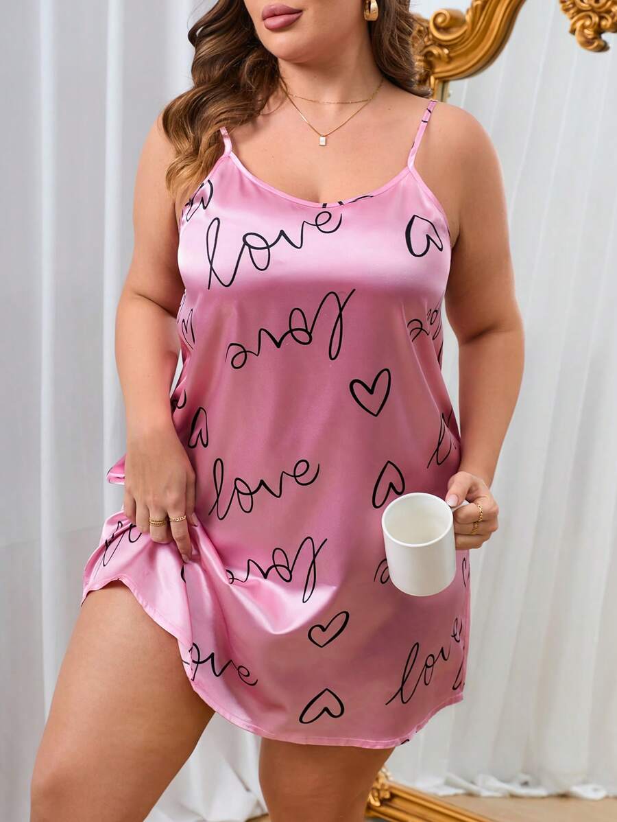 Cộng với Váy ngủ bằng vải satin Cami Pajama hình trái tim và chữ cái - Bụi hồng - Xem 1