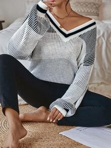 SHEIN LUNE 條紋圖案落肩袖套頭毛衣 - 彩色 - 查看 3
