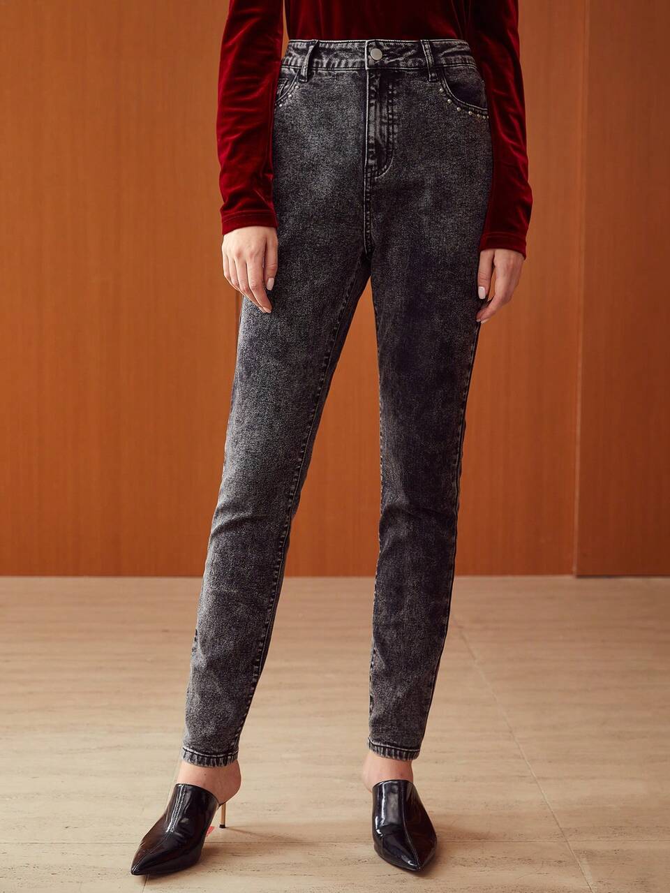 MOTF ACID WASH RIVET STUD JEANS WITHOUT BELT