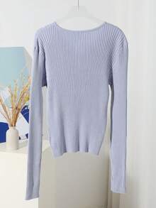 DAZY Solid Button Front Ribbed Knit Cardigan - Blue - View 7