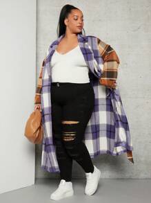 SHEIN CURVE+ Plus Plaid Print Drop Shoulder Belted Overcoat