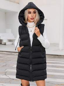 SHEIN Privé 拉链连帽羽绒背心加厚外套 - 黑色 - 查看 3