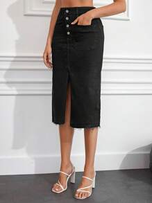 RueChic Button Fly Raw Hem Split Thigh Denim Skirt - Black - View 4