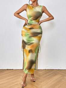 SHEIN Essnce 紮染側抽繩高衩洋裝 - 彩色 - 查看 6