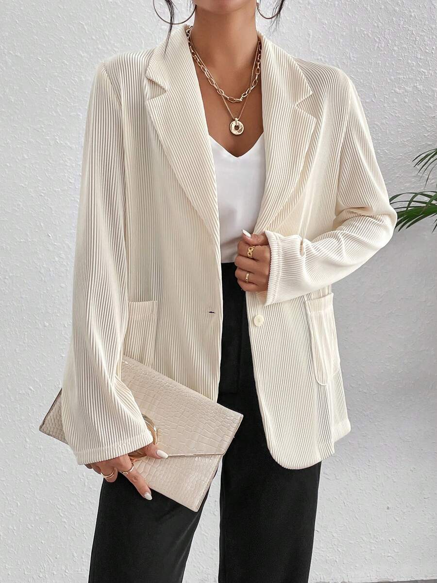 SHEIN Essnce Lapel Neck Pocket Patched Single Button Blazer - Beige - View 1