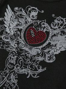 SHEIN ICON Heart & Wing Print Crop Tank Top - Black - View 6