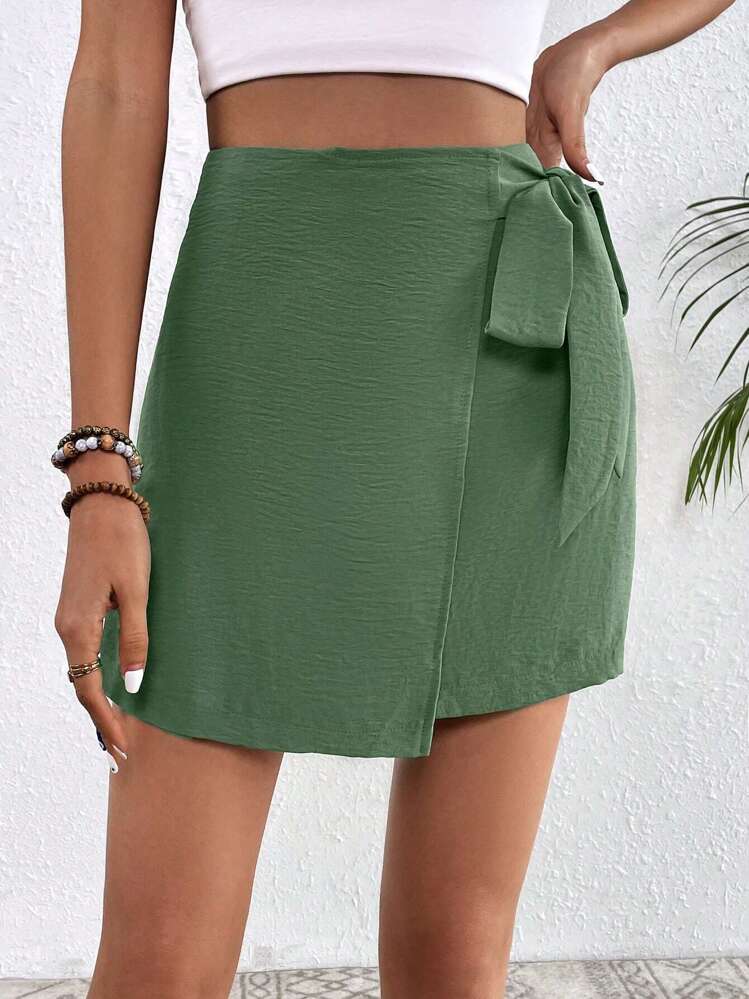SHEIN VCAY Falda cruzada unicolor con nudo lateral - Verde - Ver 6